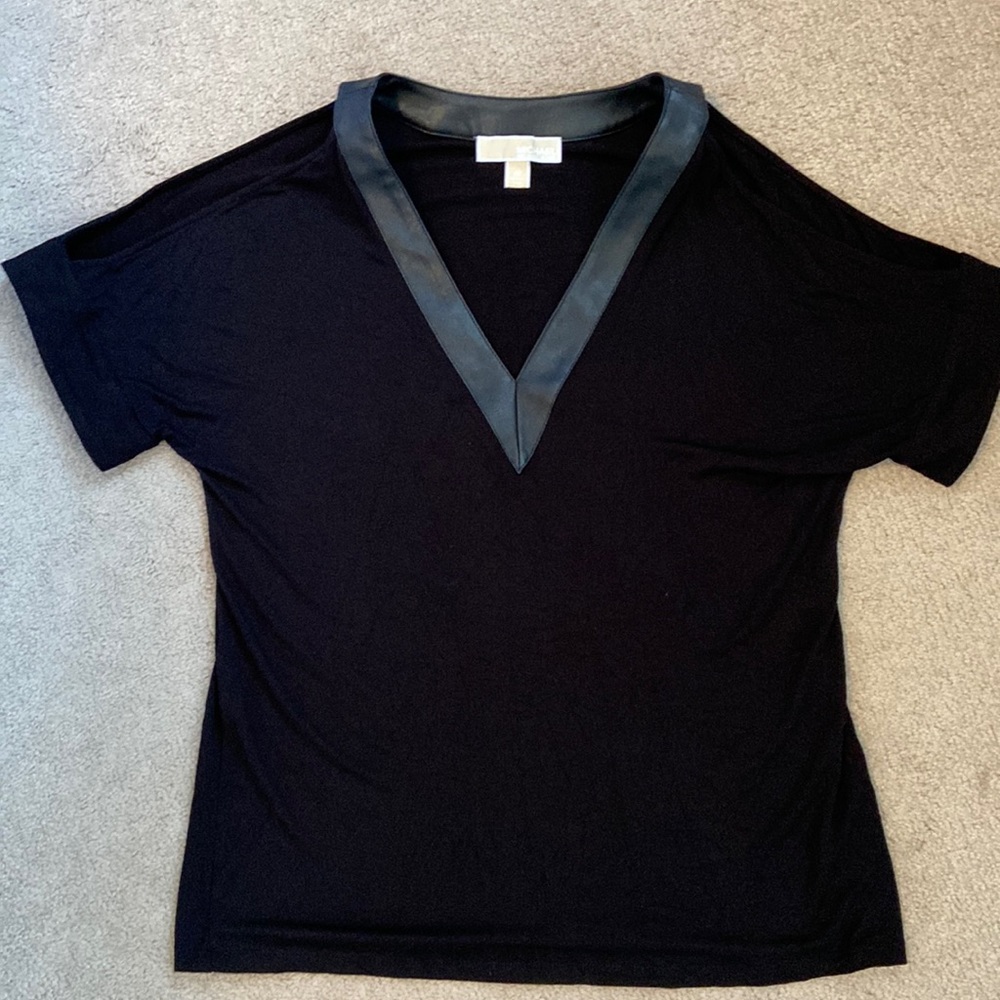 Black Michael Kors short sleeve top with leather like trim